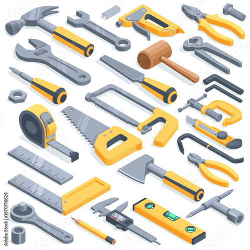 isometric vector set of hand tool icons, in color on a white background, hammer next to a wrench and also a saw and tape measure with a screwdriver and pliers