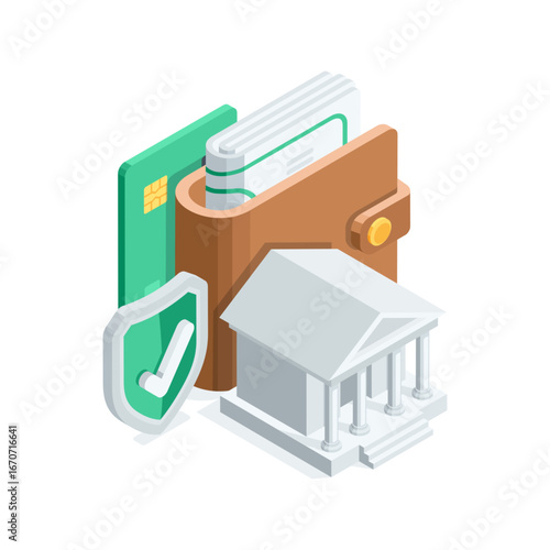 Isometric vector bank with wallet and shield with check mark, in color on white background, online banking and reliability