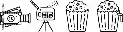 Vintage Movie Night Icons Money Camera Popcorn and Drink dollar bill cinema