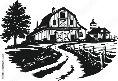 Rural Farm Scene Vector – Black and White Illustration of Barn, Silo, Tree, and Path in Traditional Countryside