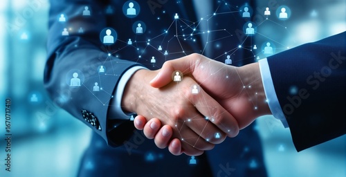 Business partnership handshake with network connection concept and digital icons on abstract blue background symbolizing cooperation and communication. Ai generative