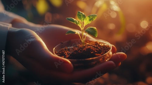 Scientist nurturing seedling in laboratory hands focused on growth nature research environment close-up view detailed realistic image