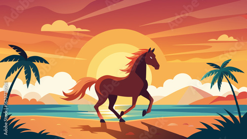 a horse galloping on a beach while a sunset