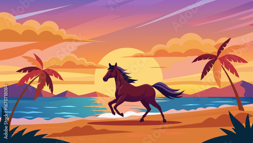 a horse galloping on a beach while a sunset