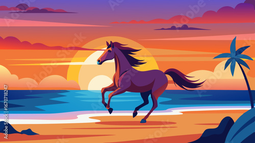 a horse galloping on a beach while a sunset