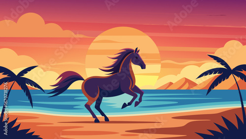 a horse galloping on a beach while a sunset