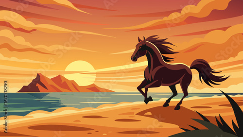 a horse galloping on a beach while a sunset
