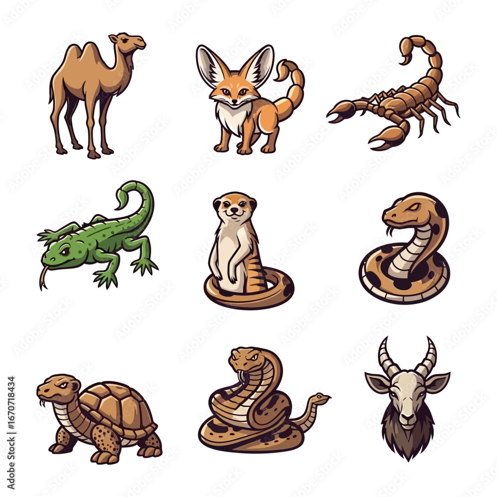 Obraz premium Desert Wildlife Collection: A vibrant illustration captures nine diverse desert creatures, showcasing the unique beauty and character of each animal against an implied barren landscape.