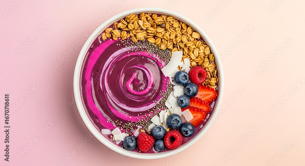 Fototapeta premium Delicious acai bowl with fresh berries and granola for a healthy and vibrant breakfast treat today