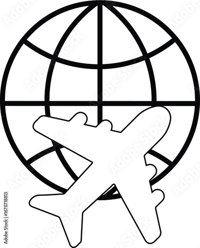 Flat Vector Icon of Airplane with Globe for Travel, Aviation, and Global Business