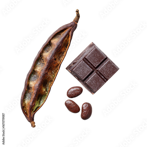 Carob Pod Beans and Dark Chocolate Bar isolated on transparent background