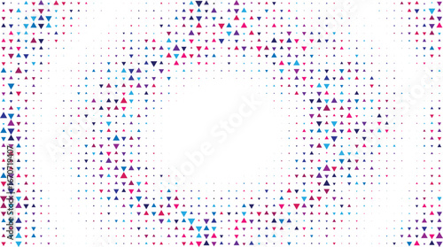 Colorful triangle halftone ring background with radial geometric pattern and vibrant confetti texture forming a white center space for copy ideal for banners web headers.