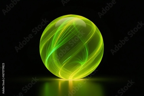 Neon glowing particle 3d sphere. Yellow and green neon energy orb. Future technology, neural networks, artificial intelligence background. Virtual assistant concept. Vibrant 3d sphere