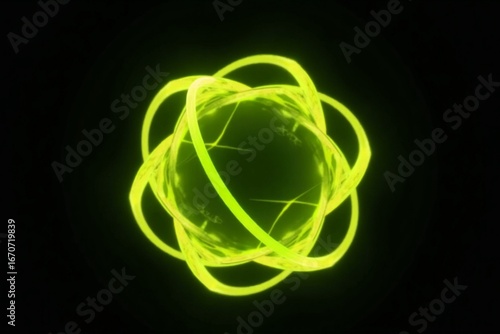 Neon glowing particle 3d sphere. Yellow and green neon energy orb. Future technology, neural networks, artificial intelligence background. Virtual assistant concept. Vibrant 3d sphere