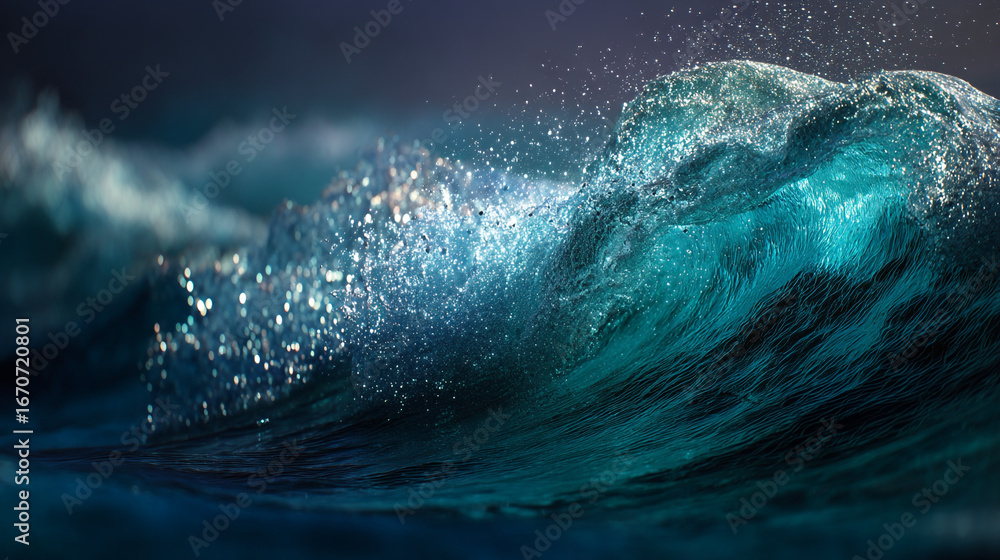 Obraz premium A mesmerizing view of a large wave crashing with water droplets and foam in the ocean at twilight