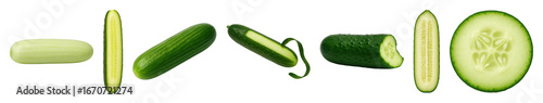Cucumber set including whole, peeled, partially peeled, cut, halved, and sliced isolated. Fresh vegetable ingredient collection.