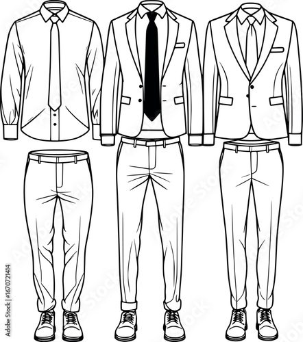 Men's Business Attire Outline Set. Continuous Line Drawing of Professional Clothing Items for Men Vector Illustration for Fashion and Corporate Style.