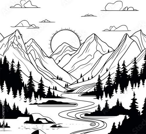 Mountain landscape continuous line drawing. Minimalist nature outline with pine trees and river in elegant single-line style.