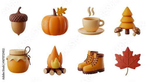 Autumn Icons: Acorn, Pumpkin, Coffee, Tree, Honey, Campfire, Boots, Maple Leaf