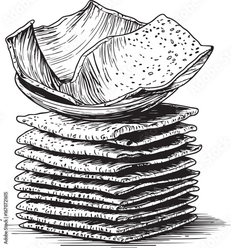Papad stack outline vector. Line drawing of traditional rolled crispy Indian snacks.