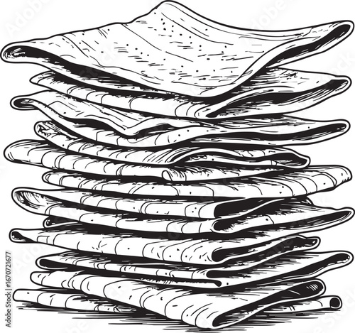 Papad stack outline vector. Line drawing of traditional rolled crispy Indian snacks.