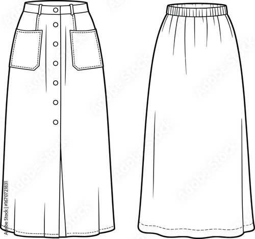 Women’s long skirt flat sketch, front and back views, button-down pocket skirt design, casual fashion apparel, vector technical drawing