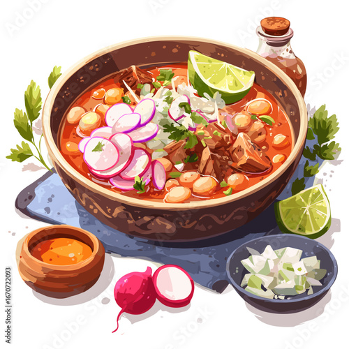 Pozole Rojo Bowl with Hominy and Fresh Garnishes