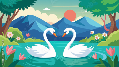 love swans on the lake vector illustration