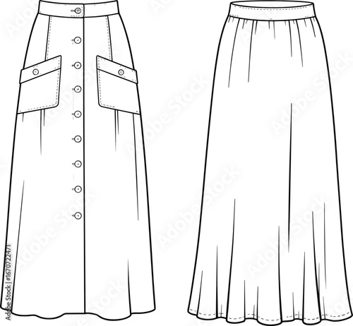 Long skirt flat sketch, button-down and flared styles, black and white clothing template, fashion design drawing for designers