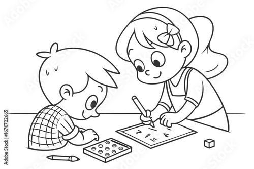 black and white illustration depicts a young girl, with a bow in her hair, patiently helping a boy with his homework.