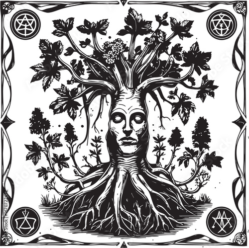 Mandrake occult engraving. Etched magical plant with glyphs and symbolic roots.