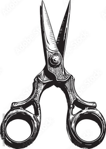 Tailor scissors engraving. Vintage craft tool in classic etching style.