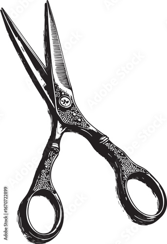 Tailor scissors engraving. Vintage craft tool in classic etching style.