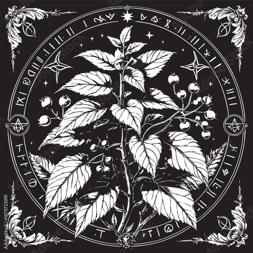 Nightshade occult botanical engraving. Mystical plant etching with berries and arcane symbols.