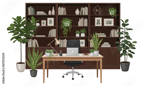 Home office with bookshelf and desk chair.