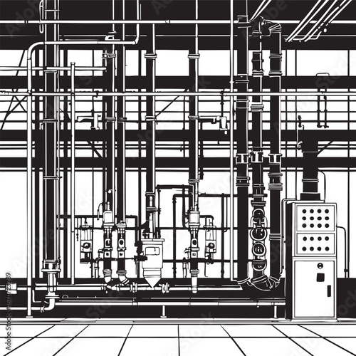 Factory interior outline with pipes and control panels minimalist industrial vector