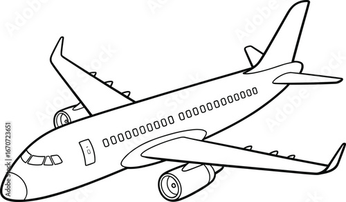 Airplane line drawing, commercial passenger jet sketch, aircraft vector illustration, aviation design template, travel and transportation concept art