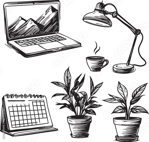 Hand-drawn office elements outline icons set. Sketch style workplace essentials including laptop lamp and plant. Vector illustration.