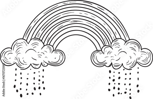 Rainbow with clouds hand-drawn outline. Universal optimism symbol representing hope after storm in cheerful weather metaphor.