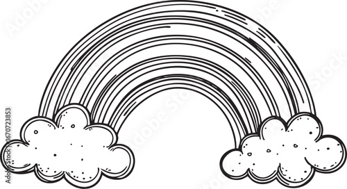 Rainbow with clouds hand-drawn outline. Universal optimism symbol representing hope after storm in cheerful weather metaphor.