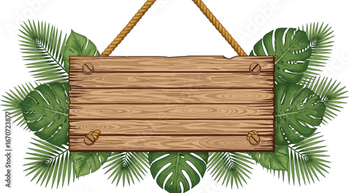 Wooden hanging signboard with tropical green leaves, blank rustic sign, isolated on white background, perfect for summer, jungle, or beach themes.