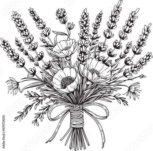 Rustic lavender groom boutonniere outline illustration. Vector line art of countryside wedding lapel decoration with wildflowers and natural twine wrap.