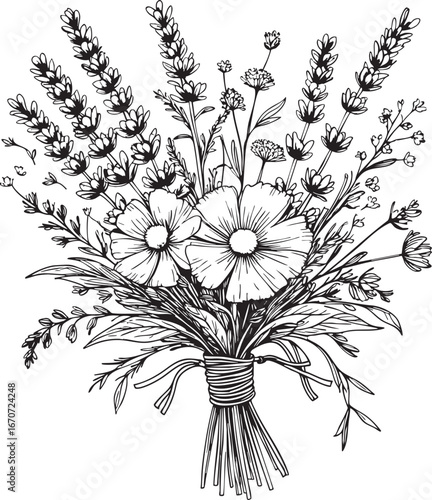 Rustic lavender groom boutonniere outline illustration. Vector line art of countryside wedding lapel decoration with wildflowers and natural twine wrap.