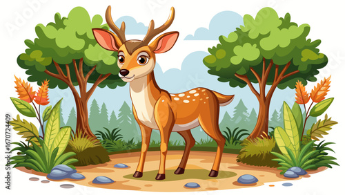 Clipart of White-tailed Deer, animal in woodland illustration. Cartoon cute design, Isolate on white background.