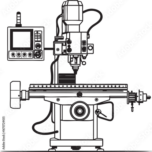 CNC machine outline drawing. Industrial vector illustration of automated manufacturing equipment