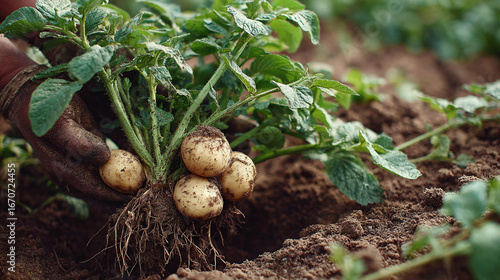 Fresh organic potatoes being harvested directly from the soil in a rural field