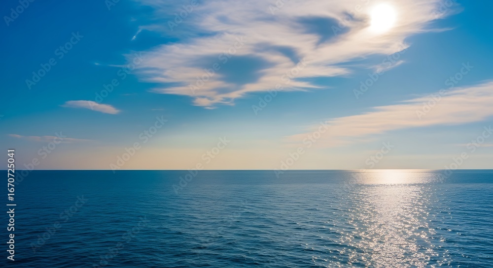 Obraz premium Ocean view with sun and clouds on a beautiful day.