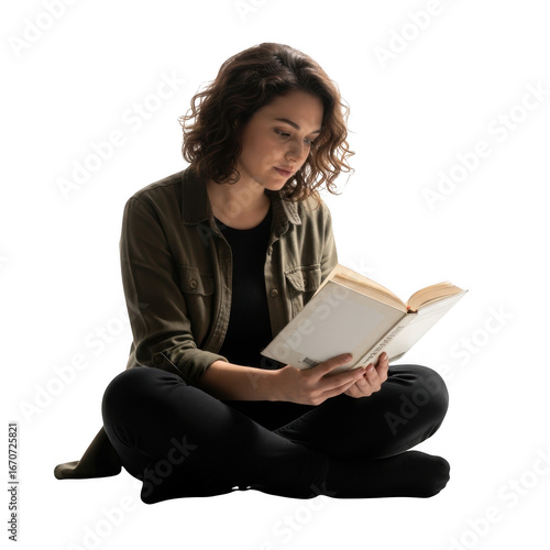 Young woman sitting cross-legged reading an open book in a moody lit environment