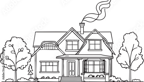 Family home outline vector. Cozy house with yard and chimney in minimal line art.