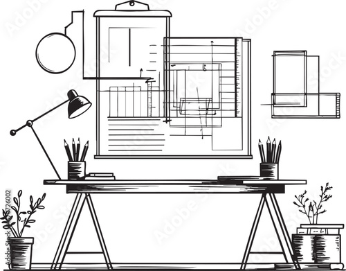 Architect Workspace Outline Vector. Professional Drafting Table Setup With Blueprint And Tools.